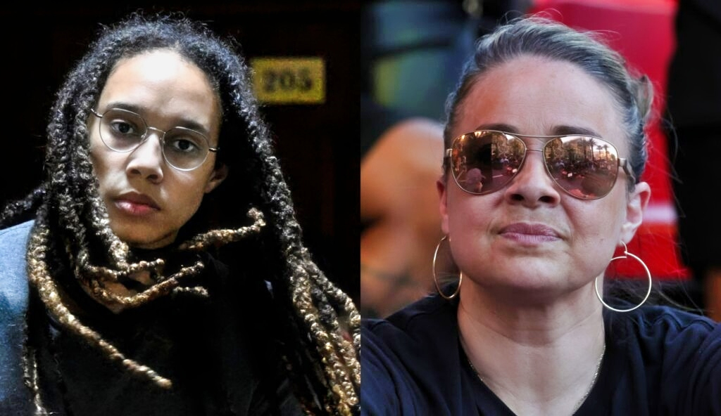 One picture shows Brittney Griner looking forward while the other shows Becky Hammon with shades on