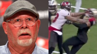 Bruce Arians in one picture and Mike Evans fighting Marshon Lattimore in the other picture