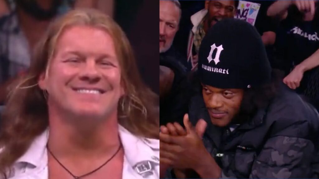 Chris Jericho smiling while Lamar Jackson is seated with skull cap on