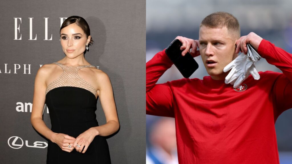 Christian  McCaffrey putting earphones on while Olivia Culpo posing with black dress on