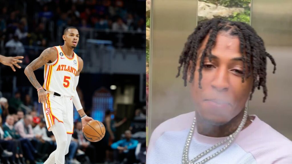 One picture shows rapper NBA YoungBoy blowing smoke while other shows Dejounte Murray dribbling a ball