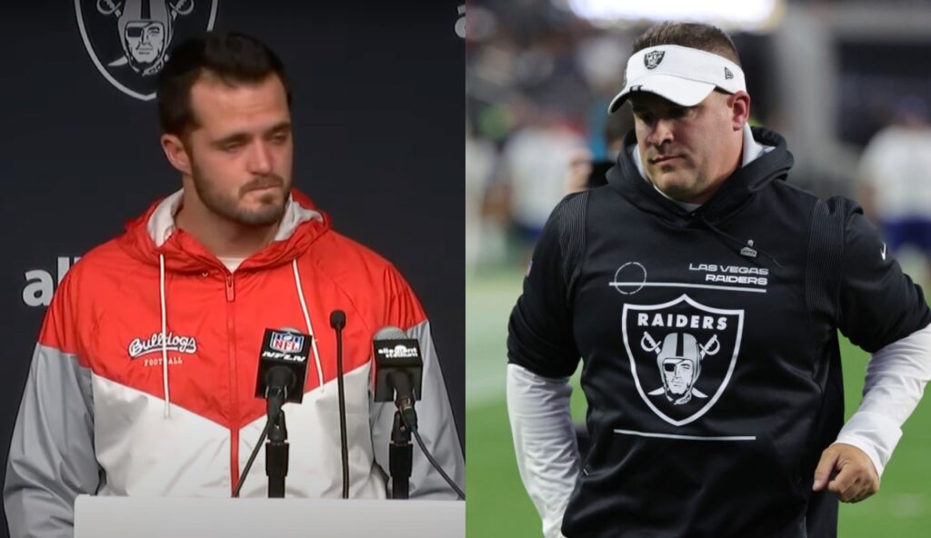 Derek Carr crying at podium while Josh McDaniels is looking down while wearing Raiders gear