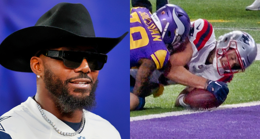 a pic of dez bryant with a cowboys hat on and a pic of hunter henry no catch vs vikings.