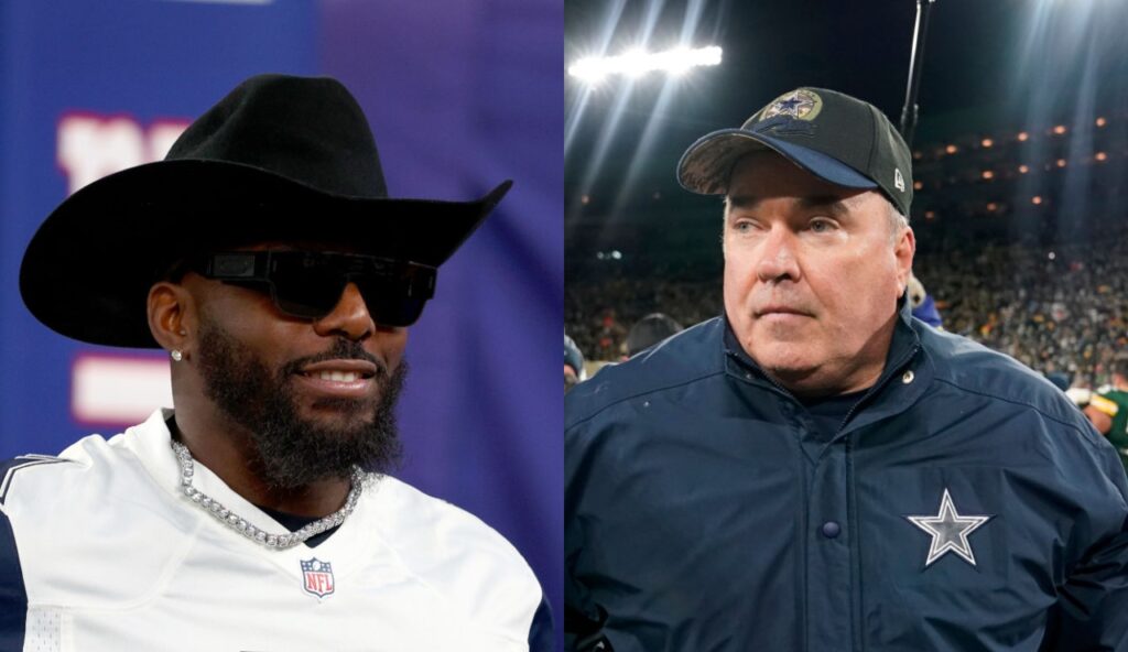 Dez Bryant with a cowboy hat on while Mike McCarthy has Cowboys cap on