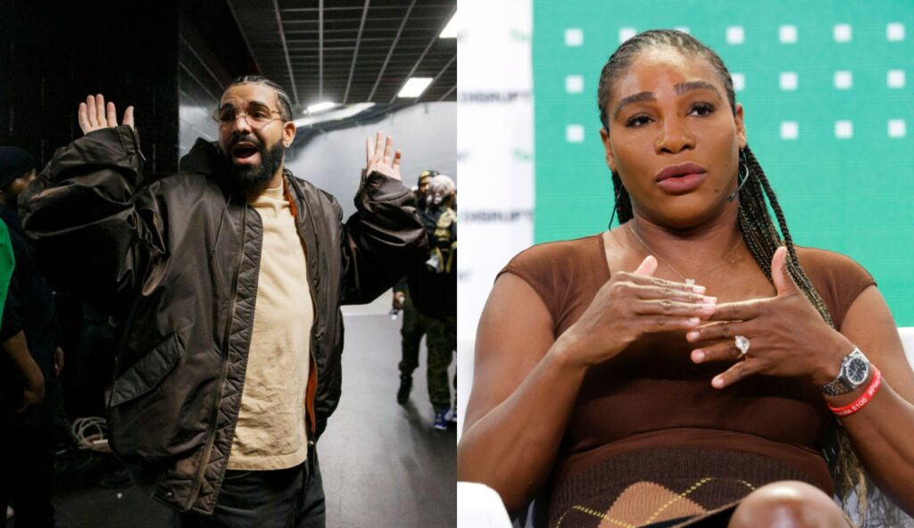 Drake with his hands up while Serena seated with microphone across face