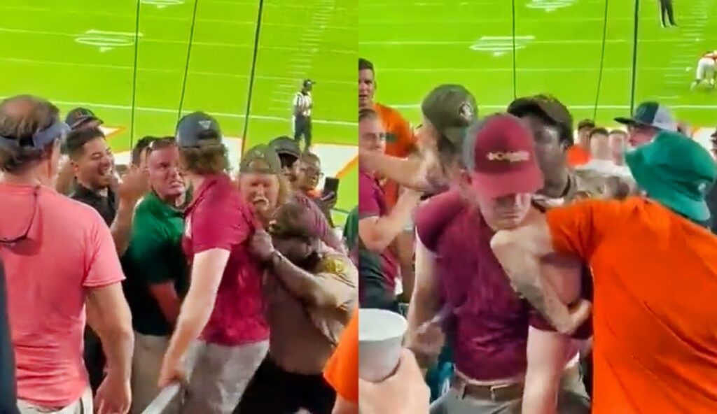 Picture shows Florida State fans and Hurricanes fans fighting