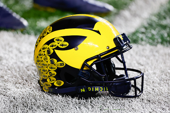  Michigan Wolverines helmet on field.