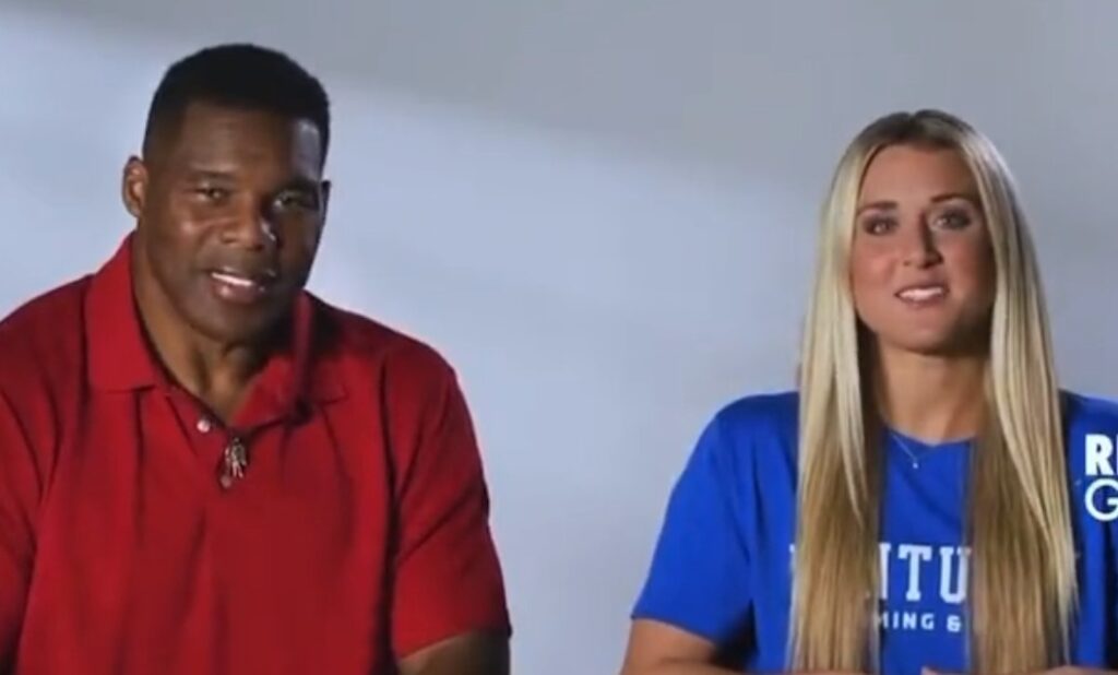 Herschel Walker and Riley Gaines sitting to record a campaign ad