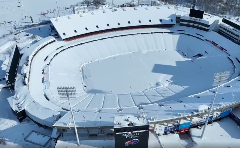 Highmark Stadium covered in snow