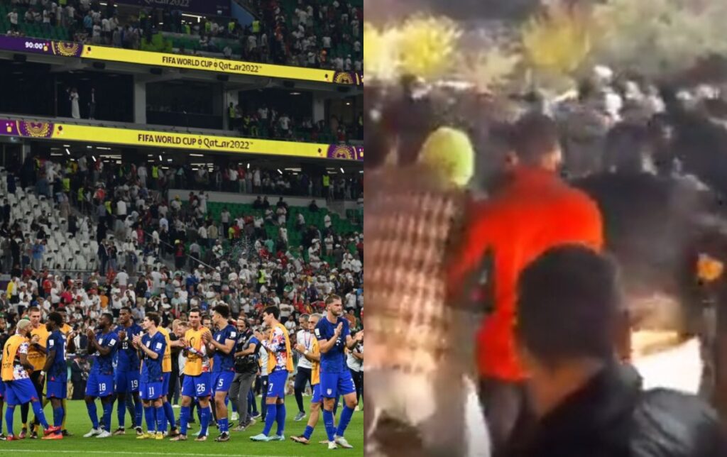 Iran and USA players on World Cup field while Iranians are dancing in another picture