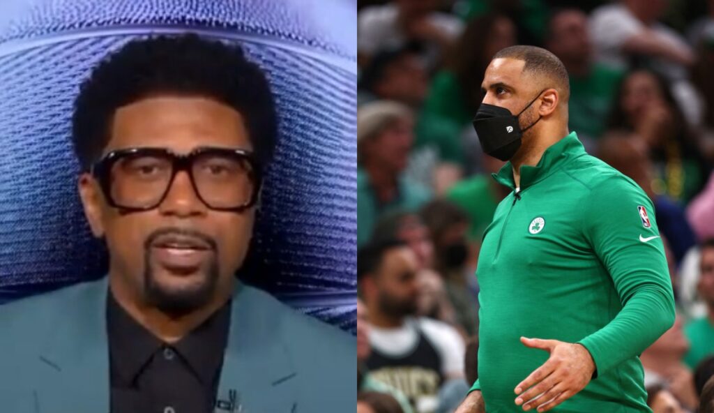 One pic shows Jalen Rose with glasses on while the other is Ime Udoka with a mask on and a Celtics short on