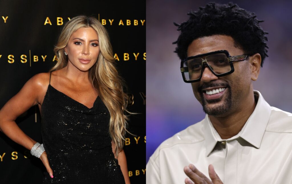 Jalen Rose smiling with glasses on while Larsa Pippen poses in Black dress