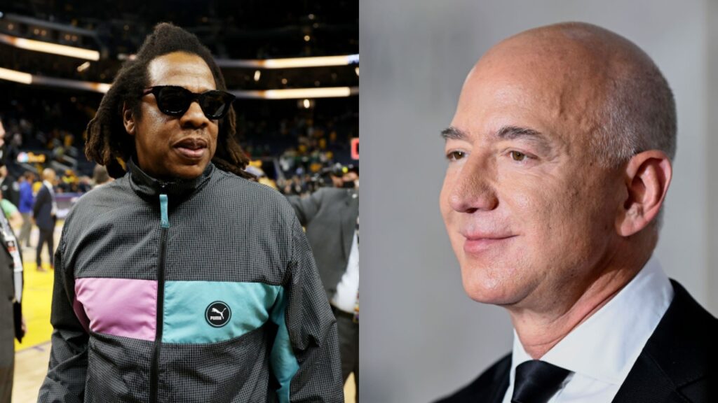 Jay-Z at basketball game while Jeff Bezos posing for camera