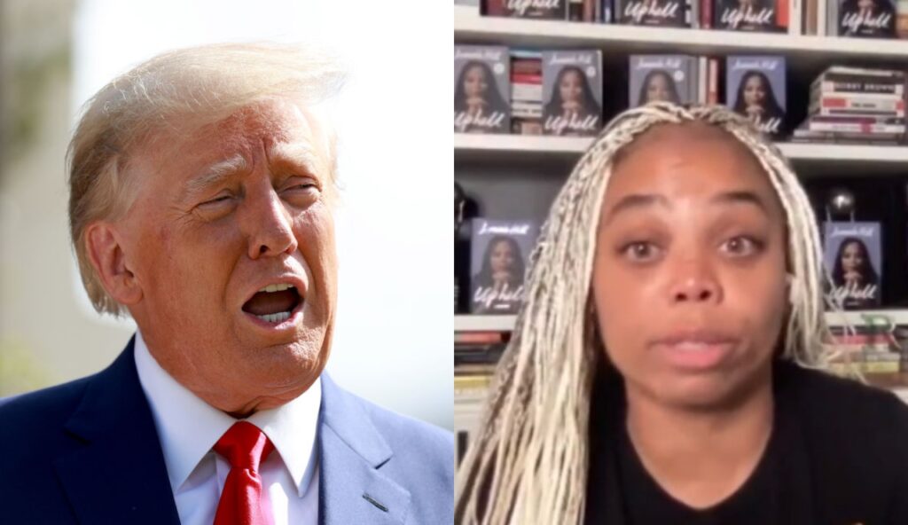 one picture shows Jemele Hill with a black shirt and bright braids while the other picture shows Donald Trump with his mouth open