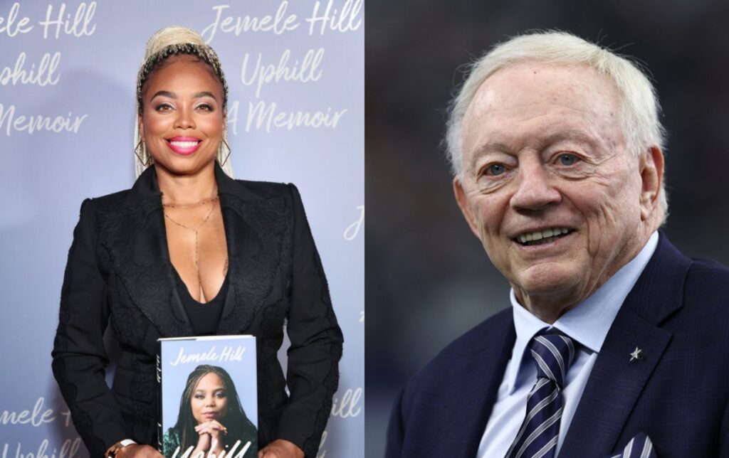 Jemele Hill posing with book while Jerry Jones is smiling with suit on