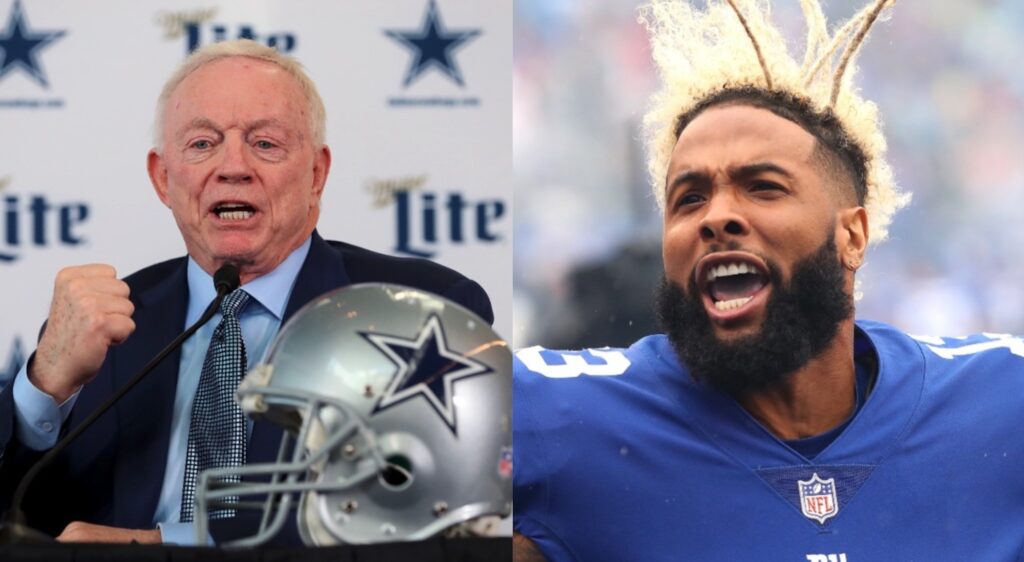 Jerry Jones speaks at a press conference in one photo and Odell Beckham Jr. screams in another.