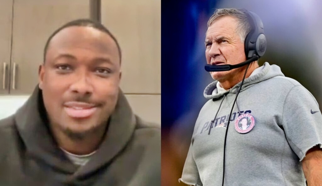 LeSean McCoy staring at camera while Bill Belichick has headset on and hoodie