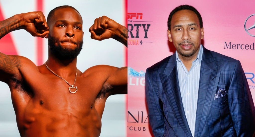 Le'Veon Bell posing shirtless while Stephen A. Smith poses with a suit on
