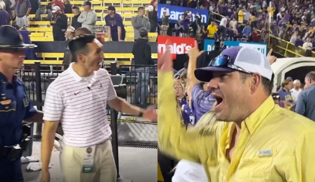 One pic shows Alabama staffer yelling while second pic shows LSU fan yelling