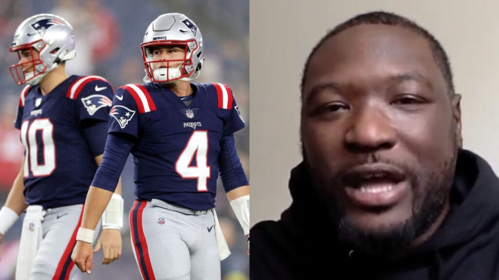 Mac Jones and Bailey Zappe on field while LeGarrette Blount has his mouth open