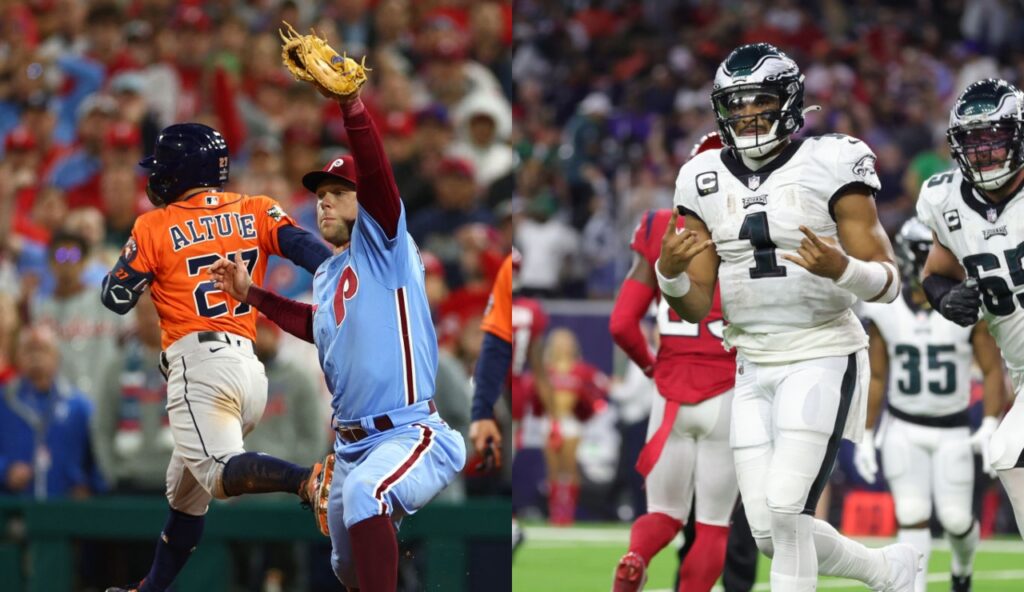 One picture shows the Phillies and Astros and the other picture shows the Eagles and Texans