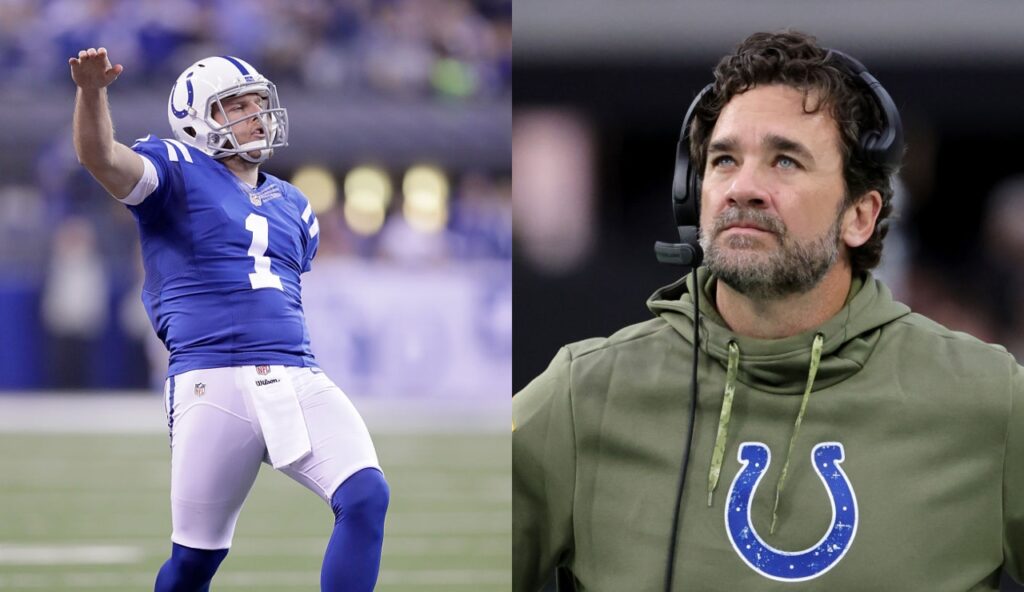 Pat McAfee in a Colts uniform while Jeff Saturday is in a Colts hoodie with a headset on