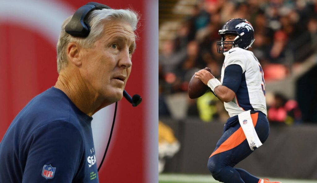 One picture shows Russell Wilson getting ready to throw football while the other shows Pete Carroll with headset on