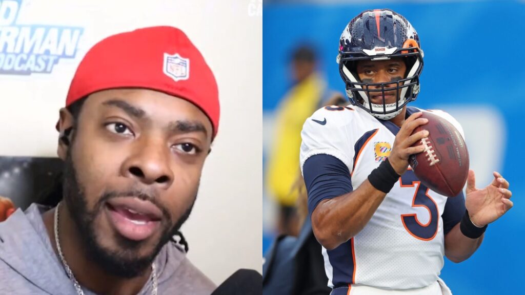 Richard Sherman looking forward while Russell Wilson holds football
