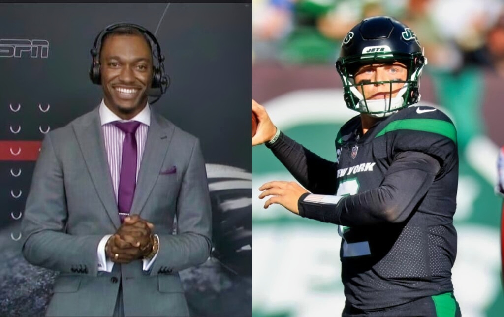 Zach Wilson getting ready to throw football while RG3 smiles with a suit on and headset