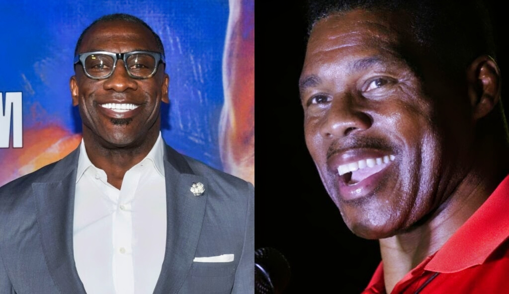 Herschel Walker smiling while Shannon Sharpe is smiling with a suit on