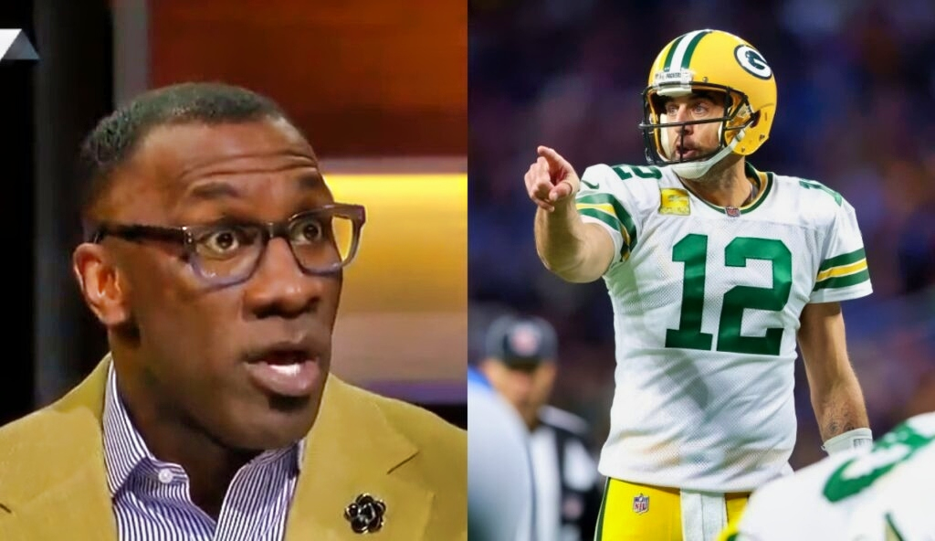 Shannon Sharpe with a suit on and Aaron Rodgers pointing his finger