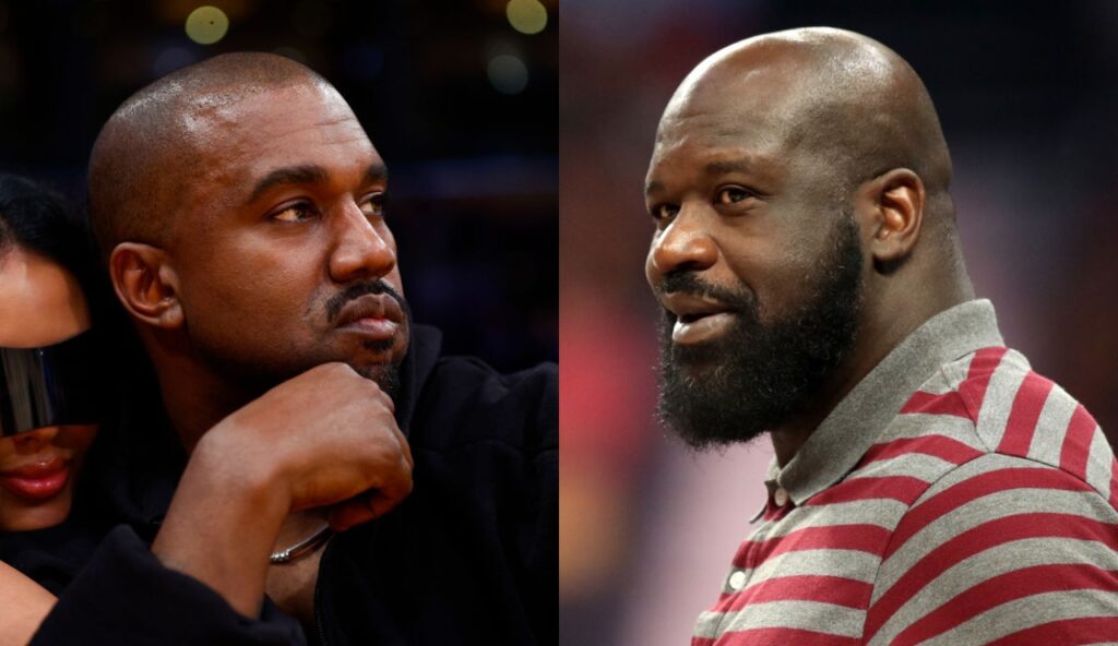 Shaquille O'Neal in a striped shirt while Kanye West looks on with his hand below his chin