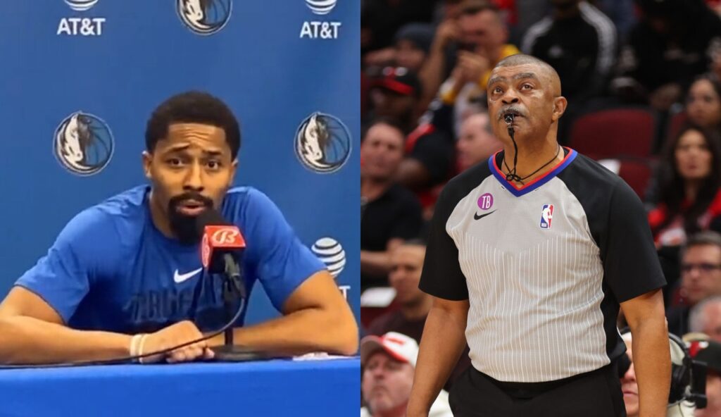Spencer Dinwiddie at the podium while ref Tony Brothers has whistle in his mouth