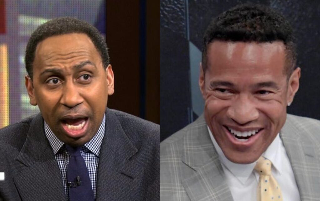 Mark Jones in a suit smiling while Stephen A. Smith is in a suit and yelling