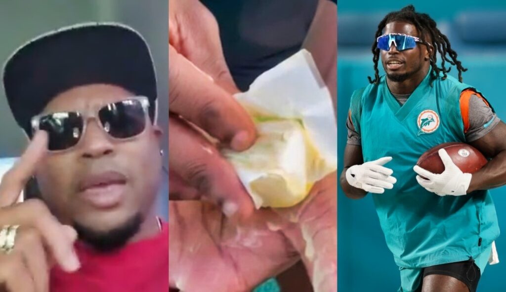 Steve Smith pointing with his finger while a picture shows Tyreek hill putting butter on his hands while a third pic shows Tyreek hill with a football