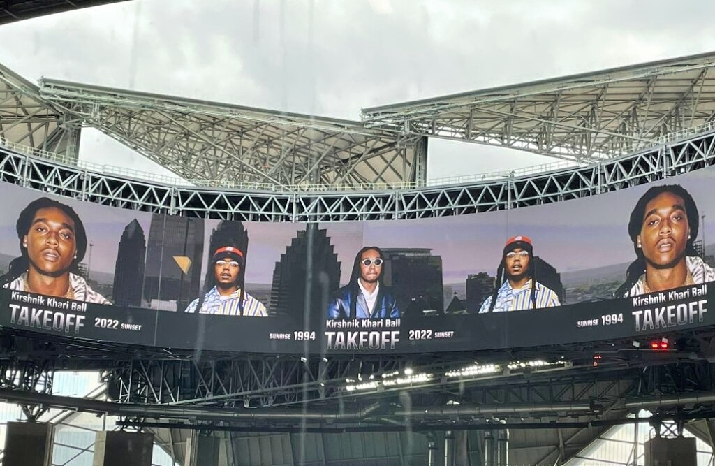 rapper takeoff on the big screen before Falcons game
