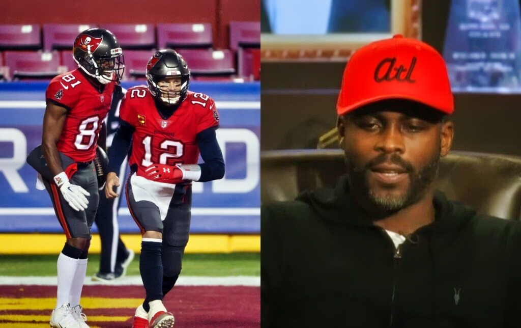 Michael Vick sitting and wearing an ATL hat while Tom Brady and Antonio Brown are celebrating in end zone