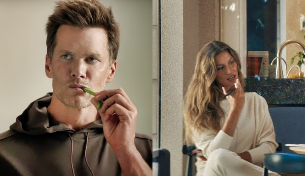 Tom Brady with item in his mouth while Gisele is on the phone while sitting