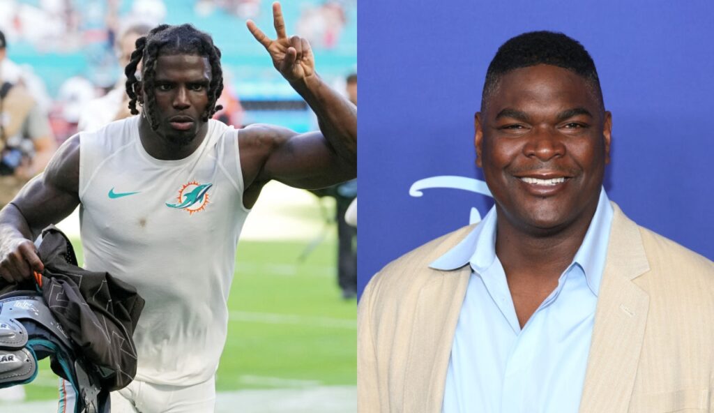 Keyshawn Johnson posing while Tyreek Hill holds up peace sign