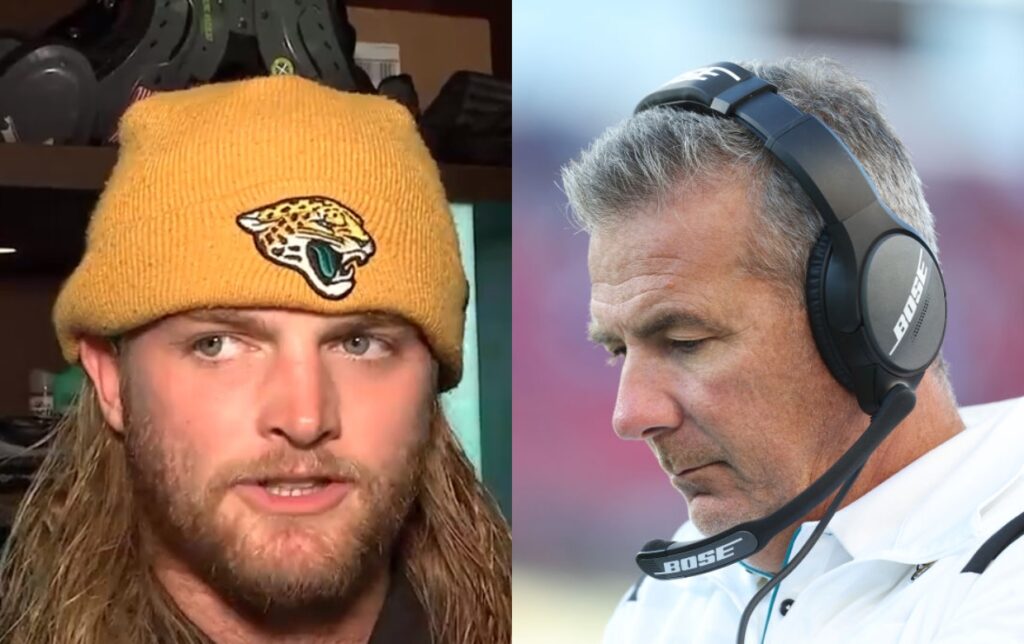 Andrew Wingard with Jags hoodie on in locker room and Urban Meyer with a headset on