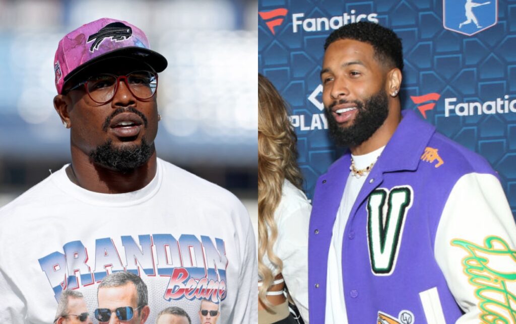 Von Miller with a Bills cap and Odell Beckham Jr. posing with jacket on