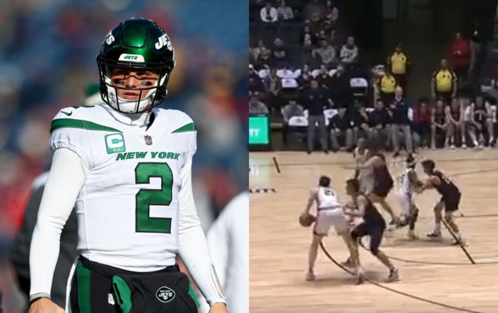 Zach Wilson in uniform while picture shows two college teams on basketball court
