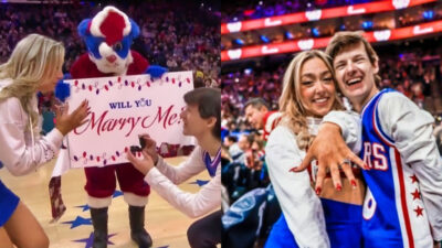 Photo of 76ers fan proposing to cheerleader and photo of cheerleader showing off the ring after saying yes