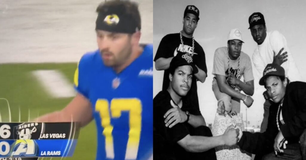 Photo of Rams QB Baker Mayfield next a photo of NWA.