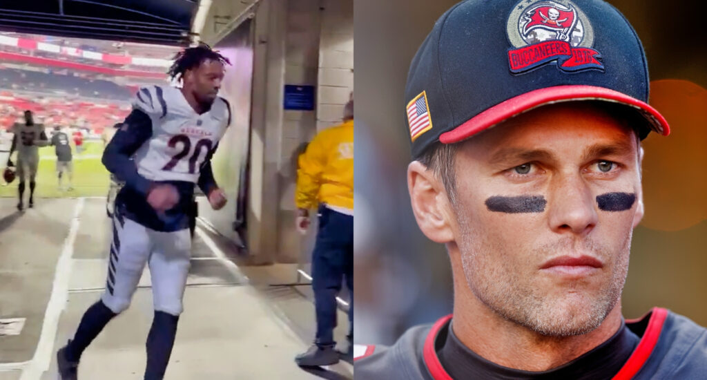 Eli Apple of Cincinnati Bengals walking out of tunnel (left). Tom Brady of Tampa Bay Buccaneers looks on after loss (right).