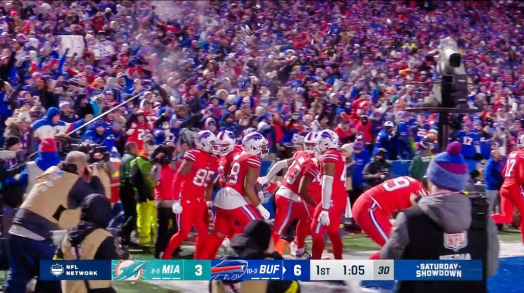 Bills players celebrate a touchdown while fans throw snowballs from the stands.