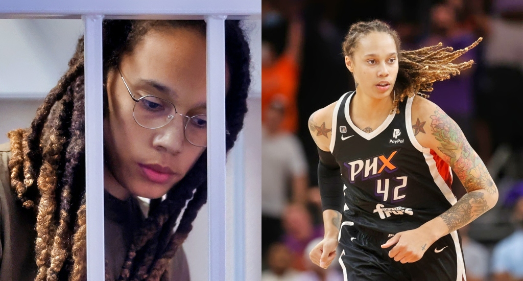 A pic of Brittney Griner in jail and a pic of Brittney Griner in her Phoenix Mercury uniform