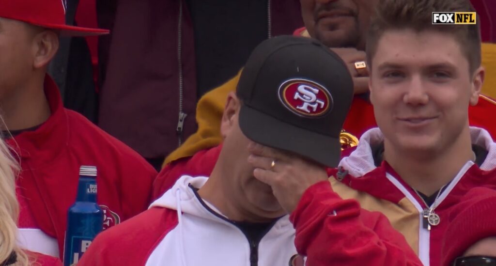 49ers QB Brock Purdy's dad cries in the stands.