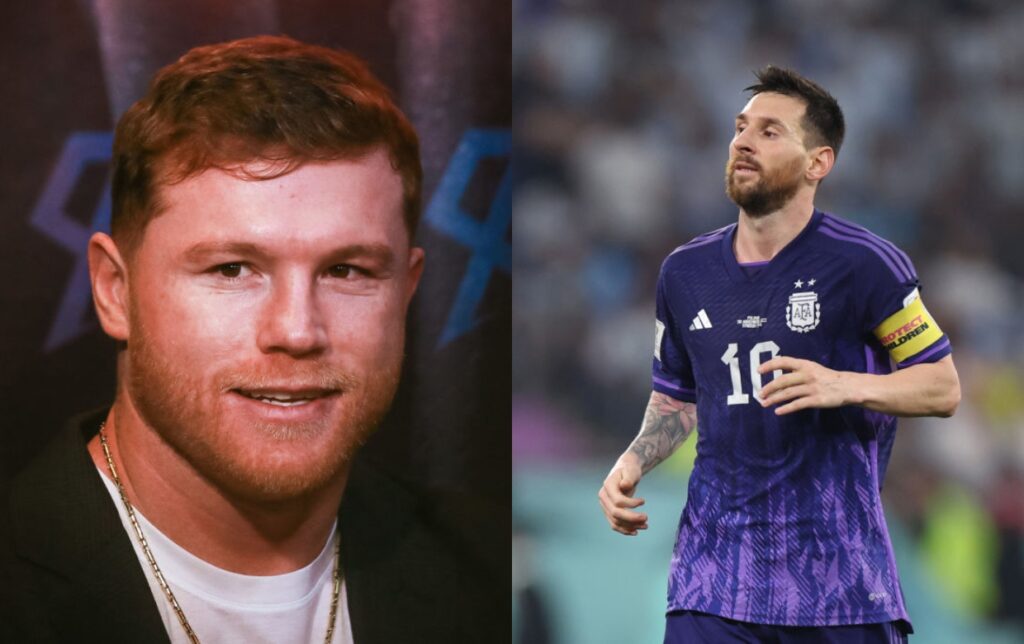 Canelo Alvarez smiling while picture shows Lionel Messi running on field