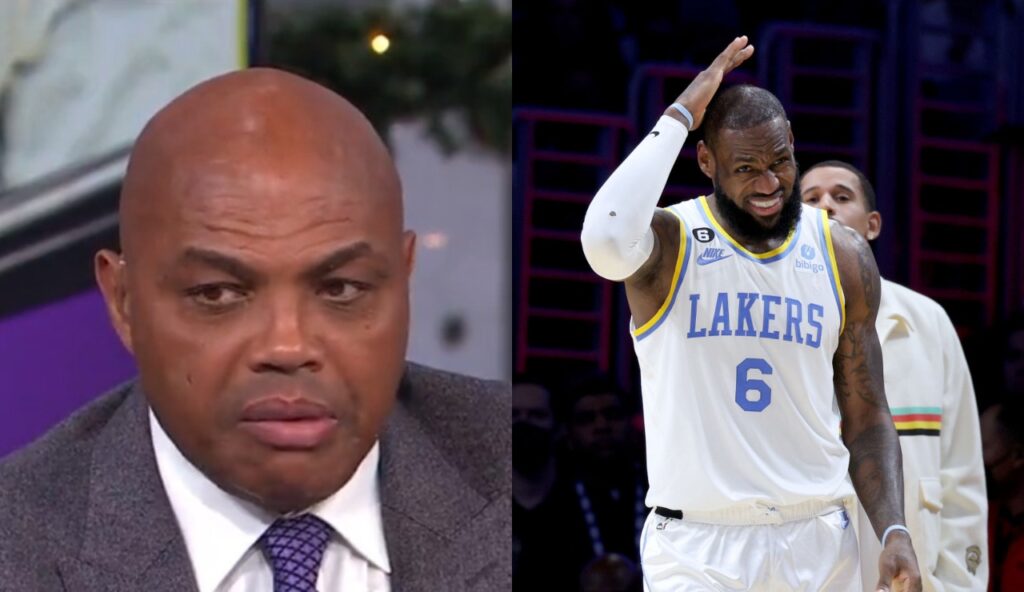 Charles Barkley in a suit while LeBron is tapping his head and has look of concern